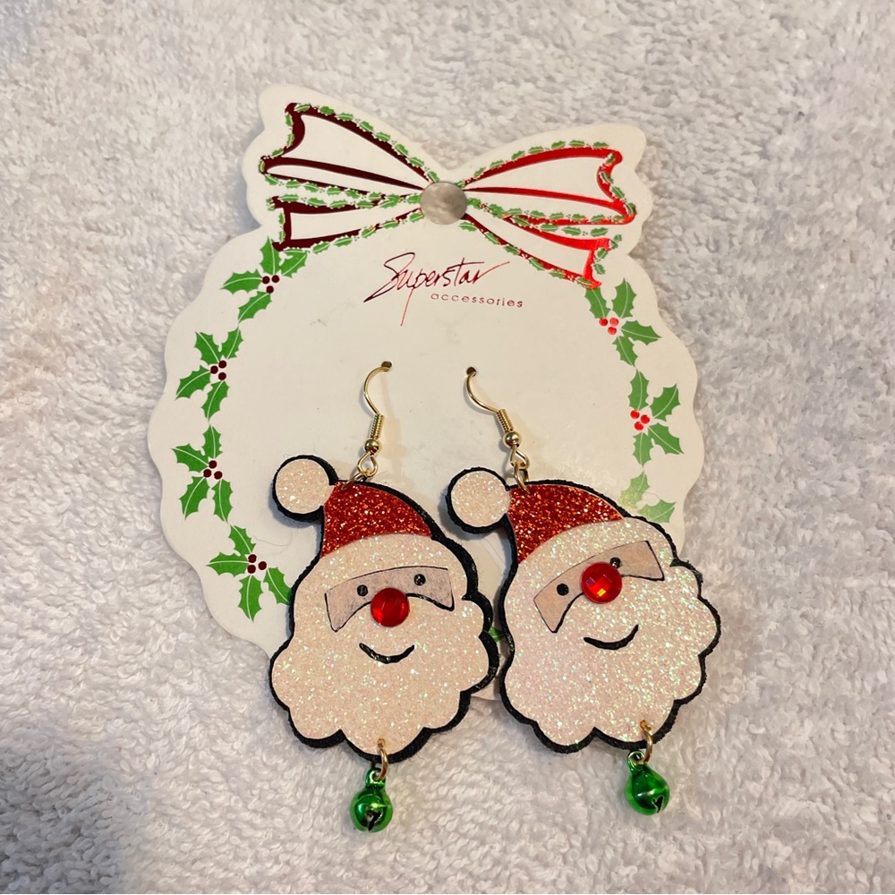 Christmas Glittery Santa Claus earrings with red nose and green jingle bells